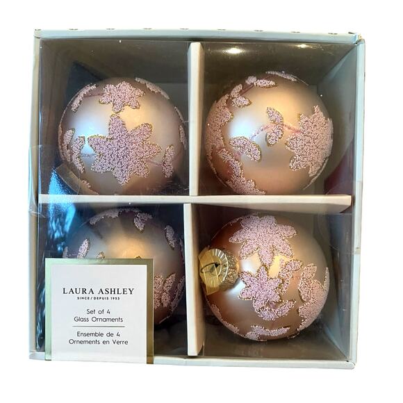 Laura Ashley Pink Beaded Glass Christmas Ornaments 3in Set of 4 Holiday Glam NEW - Picture 10 of 15